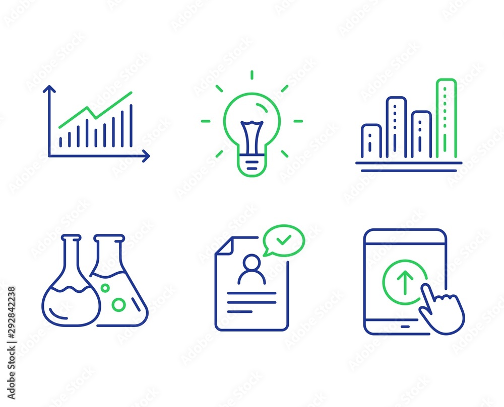 Poster resume document, chemistry lab and graph line icons set. idea, graph chart and swipe up signs. appli