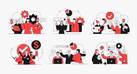 Collection of succesfull team illustrations . Bundle of men and women taking part in business meeting, negotiation, brainstorming, talking to each other. Teamwork concept outline vector illustrations.