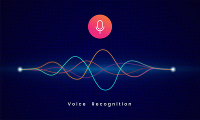 Voice Recognition AI personal assistant modern technology visual concept vector illustration. microphone icon button with colorful sound wave audio spectrum line on dark grid background - obrazy, fototapety, plakaty