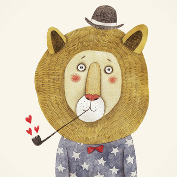 lion in hat and with a pipe drawing. Children's illustration