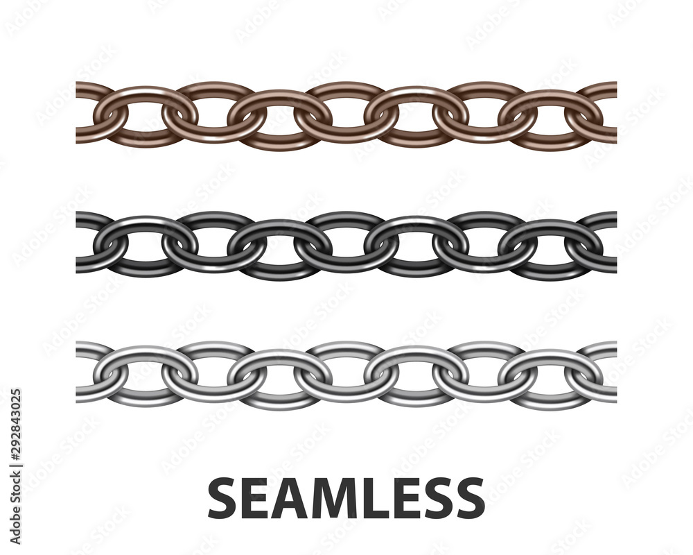 Poster set metal chain seamless texture. silver color chains link isolated on white background. rust iron c