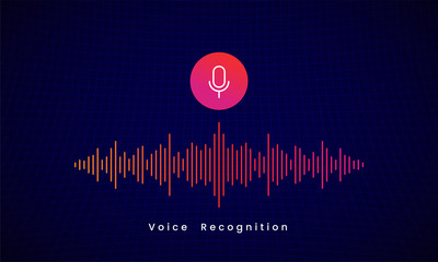 Voice Recognition AI personal assistant modern technology visual concept vector illustration design. microphone icon button with colorful sound wave audio spectrum line on dark grid background - obrazy, fototapety, plakaty