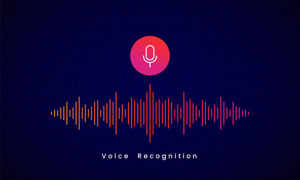 Voice Recognition AI personal assistant modern technology visual concept vector illustration design. microphone icon button with colorful sound wave audio spectrum line on dark grid background