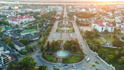 top view of vientiane,Patuxai War Memorial at the center of Vientiane, Laos