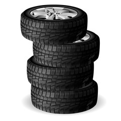 Winter tire stack. Tyre repair shop. Auto wheel vector illustration. Realistic Automobile rubber 3d render with rim. Cold snow worn and protect. New quality tyres side view for truck or suv