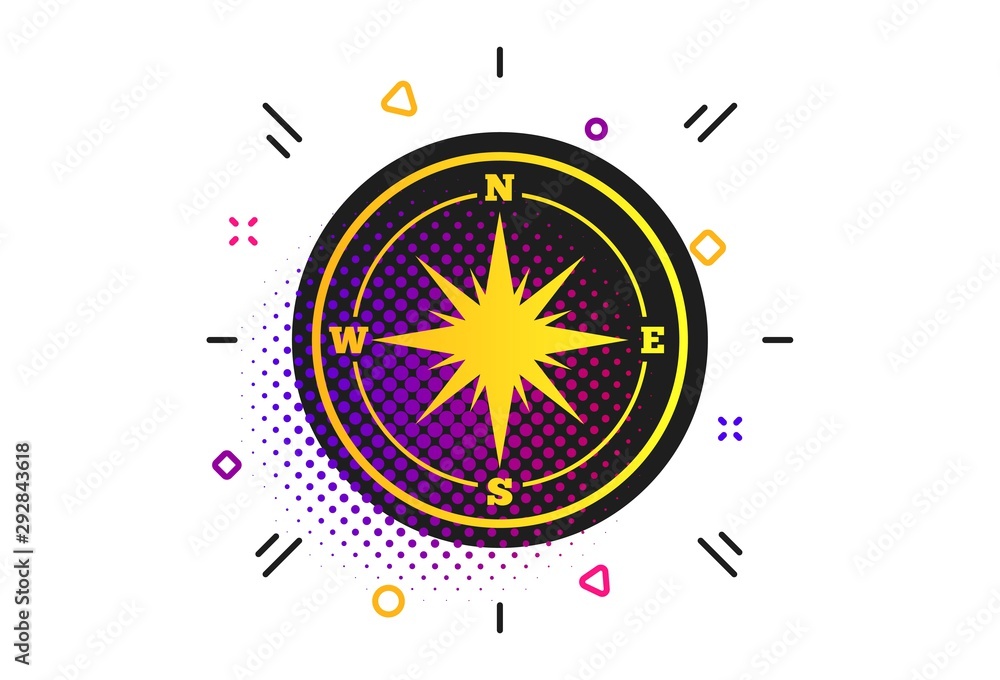 Poster compass sign icon. halftone dots pattern. windrose navigation symbol. classic flat compass icon. vec