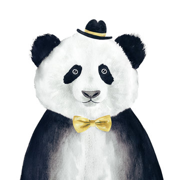 Watercolor panda drawing. Hipster animal.