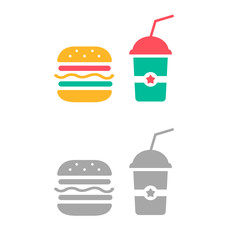 Vector illustrations of burger and cola isolated on white background. Flat icon of fast food. 