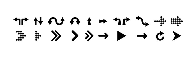 arrows vector icons collection. black arrows icons, isolated on white background. arrows in a row and flat design