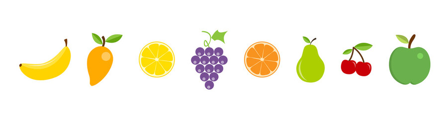 Fruit in a row. Juicy fruit. Fruit icons in modern flat design, isolated on white background. Apple, mango, lemon, grape, orange, pear, cherry and banana in flat style. Vector