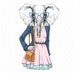 Obraz premium Retro Hipster fashion animal elephant. Woman model