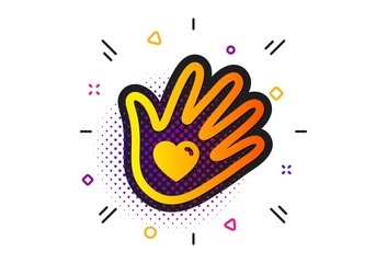 Hand with heart sign. Halftone circles pattern. Social responsibility icon. Charity symbol. Classic flat social responsibility icon. Vector