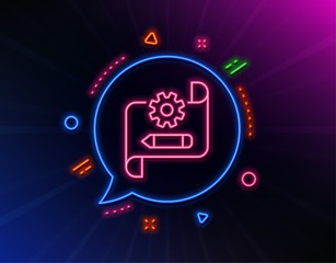 Cogwheel blueprint line icon. Neon laser lights. Engineering tool sign. Edit settings symbol. Glow laser speech bubble. Neon lights chat bubble. Banner badge with cogwheel blueprint icon. Vector