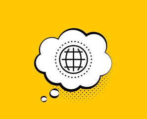 Globe line icon. Comic speech bubble. World or Earth sign. Global Internet symbol. Yellow background with chat bubble. Globe icon. Colorful banner. Vector