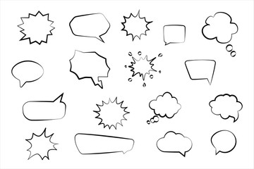 Fototapeta premium Set of comic speech bubbles. Design element for poster, emblem, sign, banner, flyer. Retro empty bubbles and elements set on white background. Vintage design, pop art style. Vector illustration