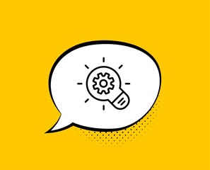 Cogwheel line icon. Comic speech bubble. Engineering tool sign. Idea bulb symbol. Yellow background with chat bubble. Cogwheel icon. Colorful banner. Vector