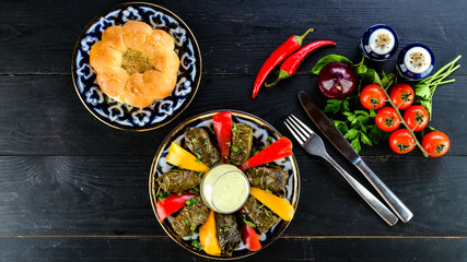 Set of dishes of Uzbek cuisine , Manty, plov, dolma and lagman