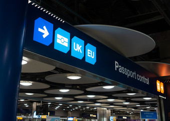 Passport Control and UK Border at Heathrow Airport London England - obrazy, fototapety, plakaty