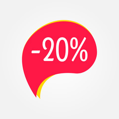 Sale sticker. 20 percent price off discount label or tag. Promo badge for advertising design. Vector illustration.
