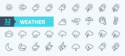 Weather forecast - outline web icon set, vector, thin line icons collection - obrazy, fototapety, plakaty