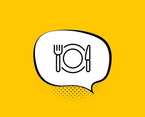 Restaurant food line icon. Comic speech bubble. Dinner sign. Hotel service symbol. Yellow background with chat bubble. Restaurant food icon. Colorful banner. Vector