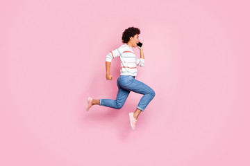 Full length body size photo of cheerful cute charming nice runner amazed astonished surprised...