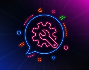 Customisation line icon. Neon laser lights. Settings or editing sign. Repair symbol. Glow laser speech bubble. Neon lights chat bubble. Banner badge with customisation icon. Vector