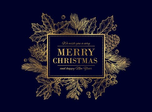 Christmas card. Merry Christmas frame. Festive vector background with gold sketch fir tree branches, cones, berries. Christmas and xmas, merry xmas and new year illustration