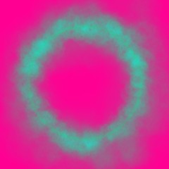 Green neon round frame on pink background. circle, ring shape, empty space, ultraviolet light, 80's retro style, fashion show stage, abstract background