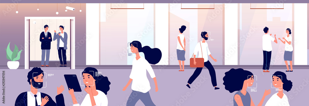 Poster face recognition concept. people in crowd are recognized with modern identification software and sur
