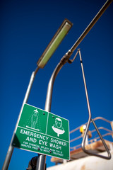 Industrial emergency safety shower sign station at construction mine site Perth, Pilbara Australia  
