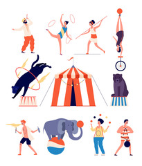 Circus actors. Clown and magician, juggler and balancer, strongman and gymnast, panther and bear. Circus show vector flat characters. Illustration entertainment performer, juggler and magician © MicroOne
