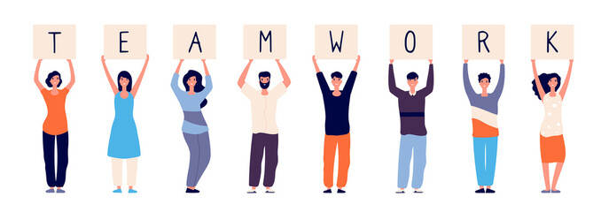 Teamwork concept. Happy employees group standing with teamwork message. Colleagues relationship and friendship vector illustration. Teamwork business people, employee hold banner with letters