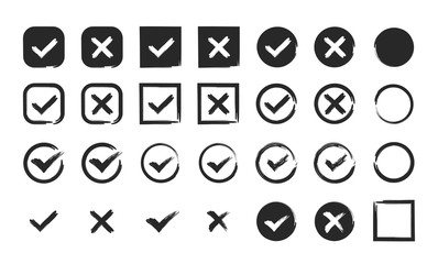 Hand drawn black check mark and black cross icon set. Circle and square. Tick symbol in green color, vector illustration.