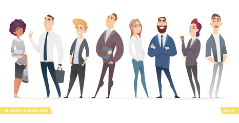 Collection of charming young entrepreneurs or businessmen and managers. Business people standing togever. Modern cartoon style