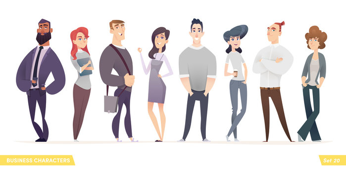 Collection of charming young entrepreneurs or businessmen and managers. Business people standing togever. Modern cartoon style