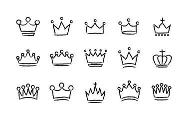 Big collection quolity crowns. Royal Crown icons collection set. Vintage crown. Hand drawn sketch crowns. Vector illustration.