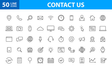 Set of 50 Contact Us web icons in line style. Web and mobile icon. Chat, support, message, phone. Vector illustration.