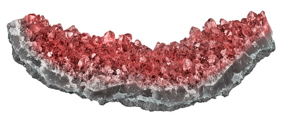 light red color ruby in long geode on white