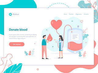 Fototapeta na wymiar Donate blood concept. Web banner design template for hospital or blood donation center. Flat vector illustration.