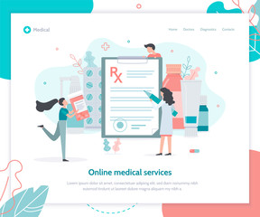 Online medical service. Doctor writes a prescription. Pharmacist carries drugs. Landing page template. Flat vector illustration.