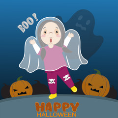 Illustration of a gril and a Ghost costume on Halloween. A child enjoying Halloween night on a blue background.