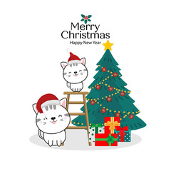Happy cats in Santa hats. Merry Christmas and Happy New Year card.