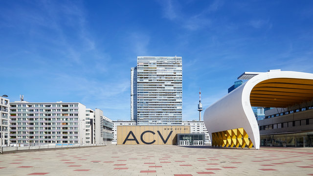 Vienna, Austria - August 14, 2016: Picture of Austria Center Vienna (ACV), conference and exhibition center on a beautiful summer day.