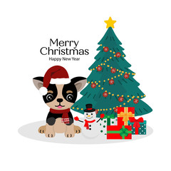 Merry Christmas card with cute dog in Santa's hat and scarf.