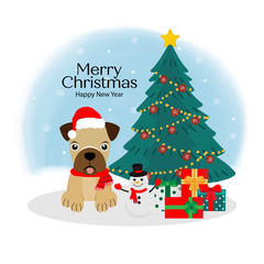 Merry Christmas card with cute dog in Santa's hat and scarf.