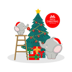 Merry Christmas and Happy New Year card. Cute elephant cartoon.