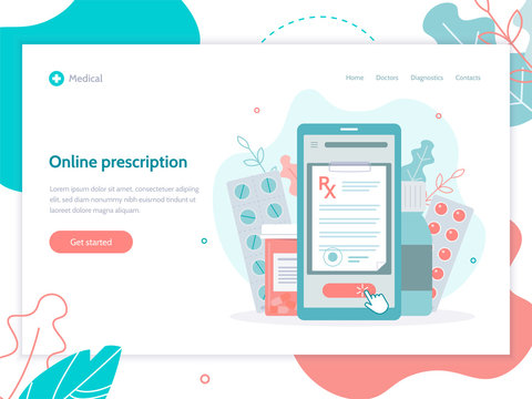 Online Prescription. Medical Concept. Web Page Design Template. Flat Vector Illustration.