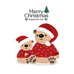 Fototapeta na wymiar Merry Christmas greeting card. Bear and baby cartoon.