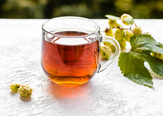 Fresh green hop cone and cup of herbal tea. Tea with hop cone